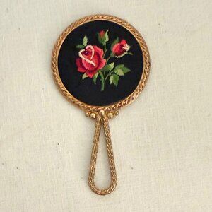 Antique Gold Hand Mirror Small Embroidered Rose Design Early 1900s Heirloom Vani